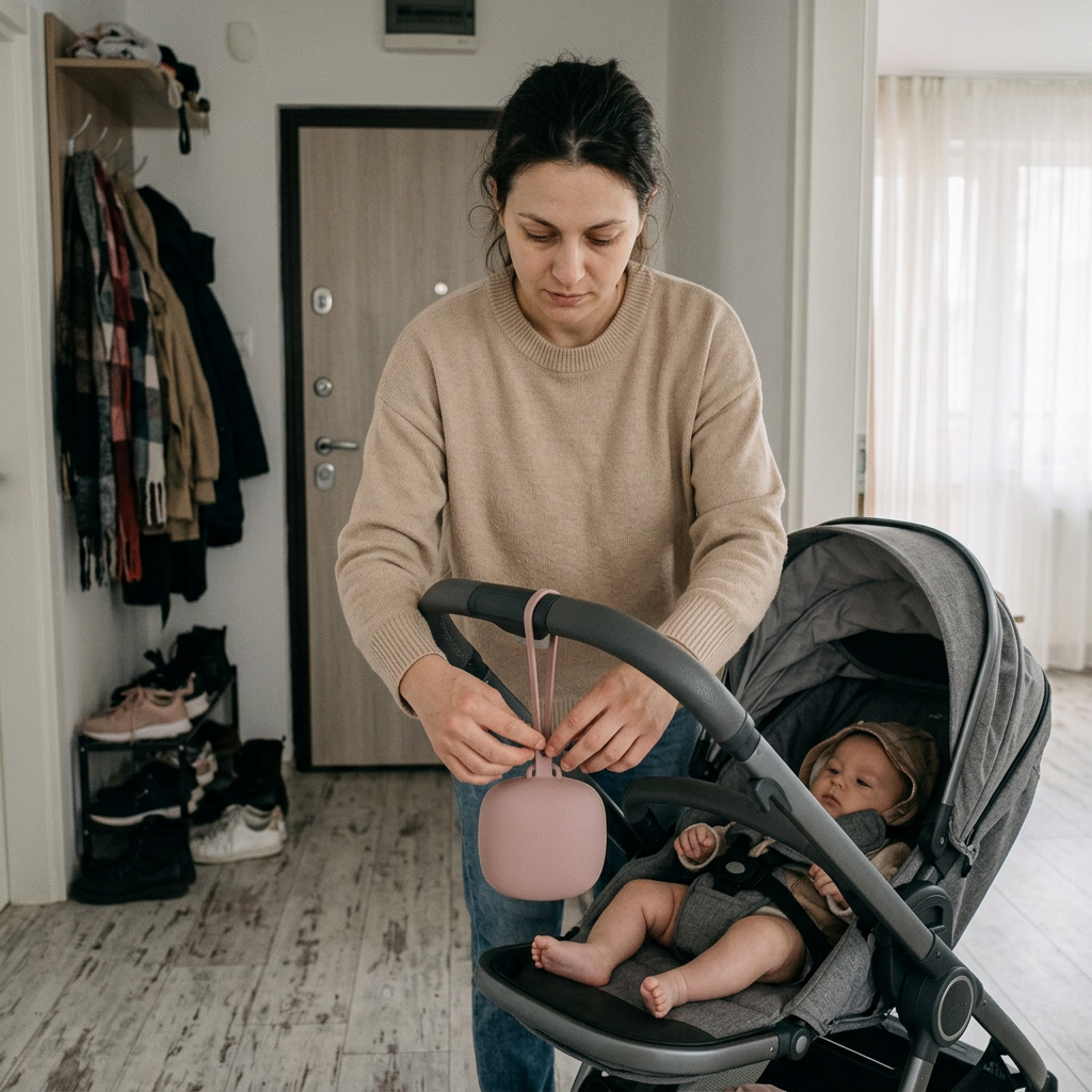 Силиконова кутийка за залъгалка Canpol babies – майка закача кутийката на детска количка