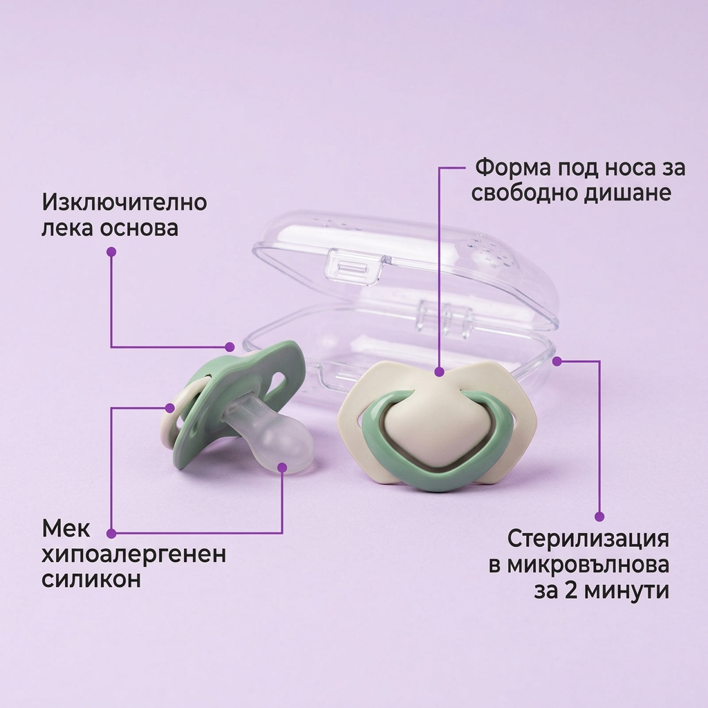 Симетрични залъгалки Canpol babies Pure Color 6-18м – инфографика с лека основа, мек силикон и кутийка за стерилизация