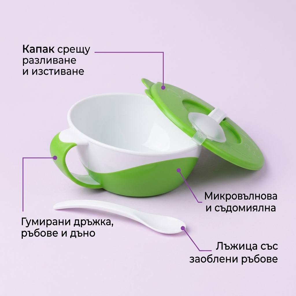 Купа за хранене с капаче и лъжица, Canpol babies – инфографика с капака, дръжката и лъжицата