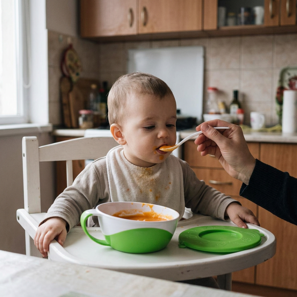 Купа за хранене с капаче и лъжица, Canpol babies – родител храни дете на детско столче