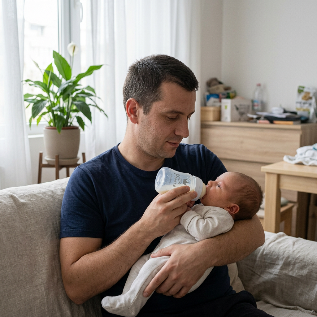Антиколик шише Canpol babies, Royal Baby – баща храни бебе с шишето у дома