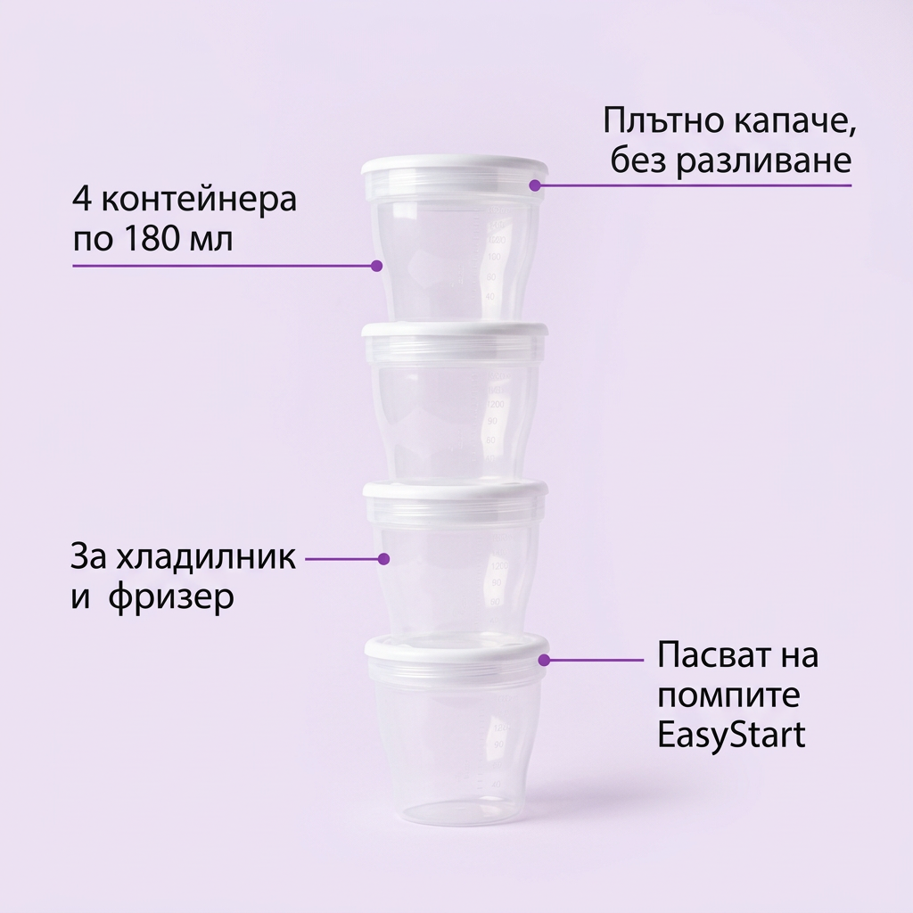 Контейнери за съхранение на кърма/храна Canpol babies, 4 бр. – инфографика с частите и предимствата