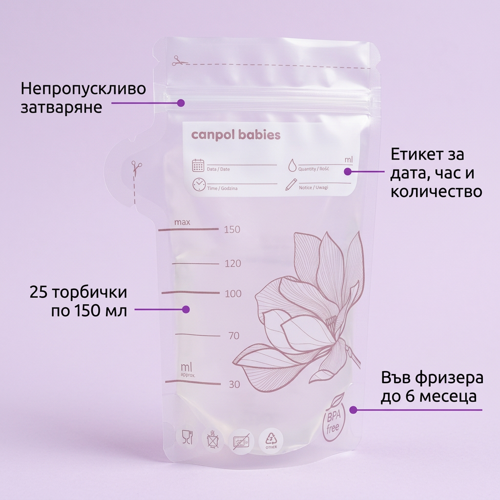 Торбички за съхранение на кърма Canpol babies, 25 бр. – инфографика с частите и предимствата