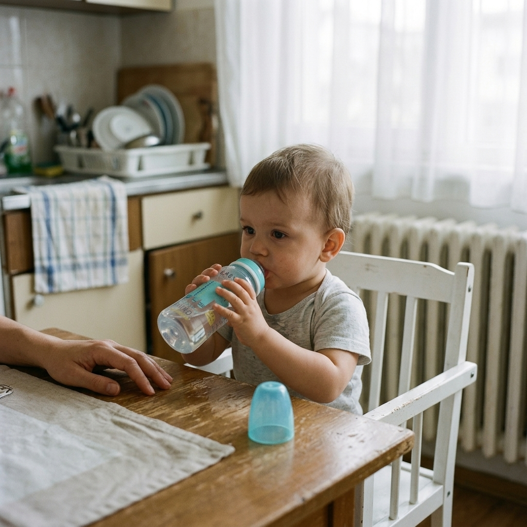 Шише за хранене Canpol babies, Transparent, 12м+ – дете пие от шишето на високо столче