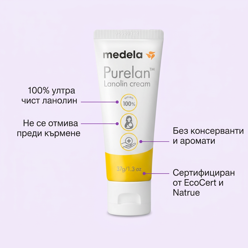 Крем за зърна Medela, Purelan™ – 37 г – инфографика с части и функции