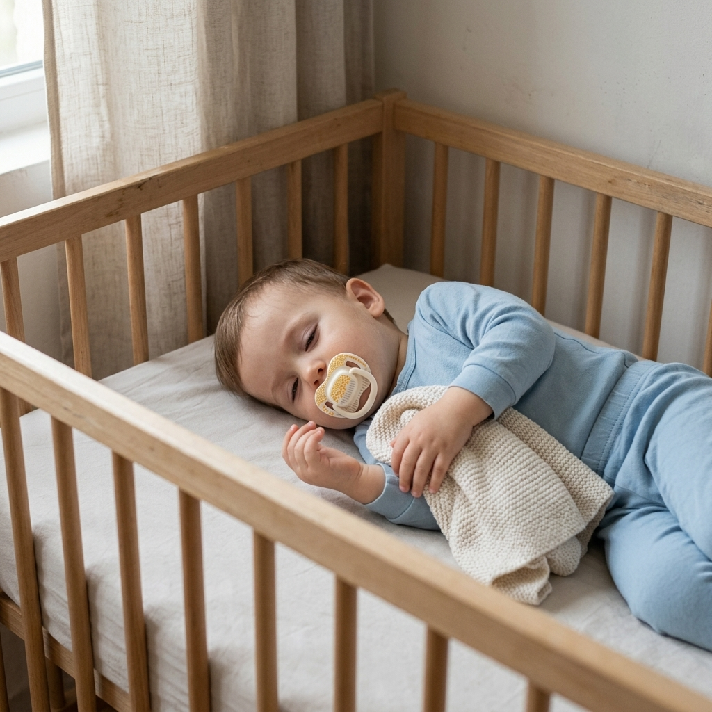 Симетрични залъгалки Canpol babies Mountains – малко дете в креватче със залъгалката Mountains