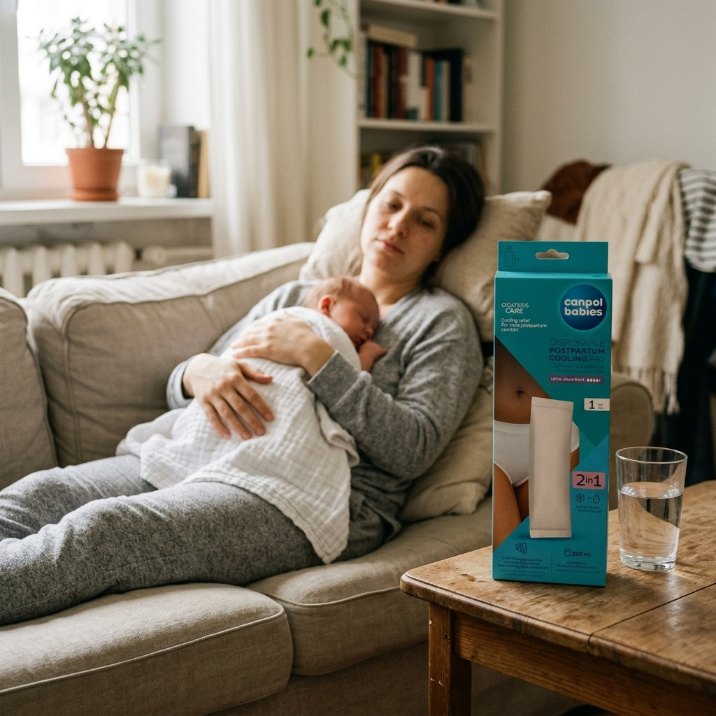 Майка почива с новороденото, до нея опаковка охлаждаща превръзка Canpol babies