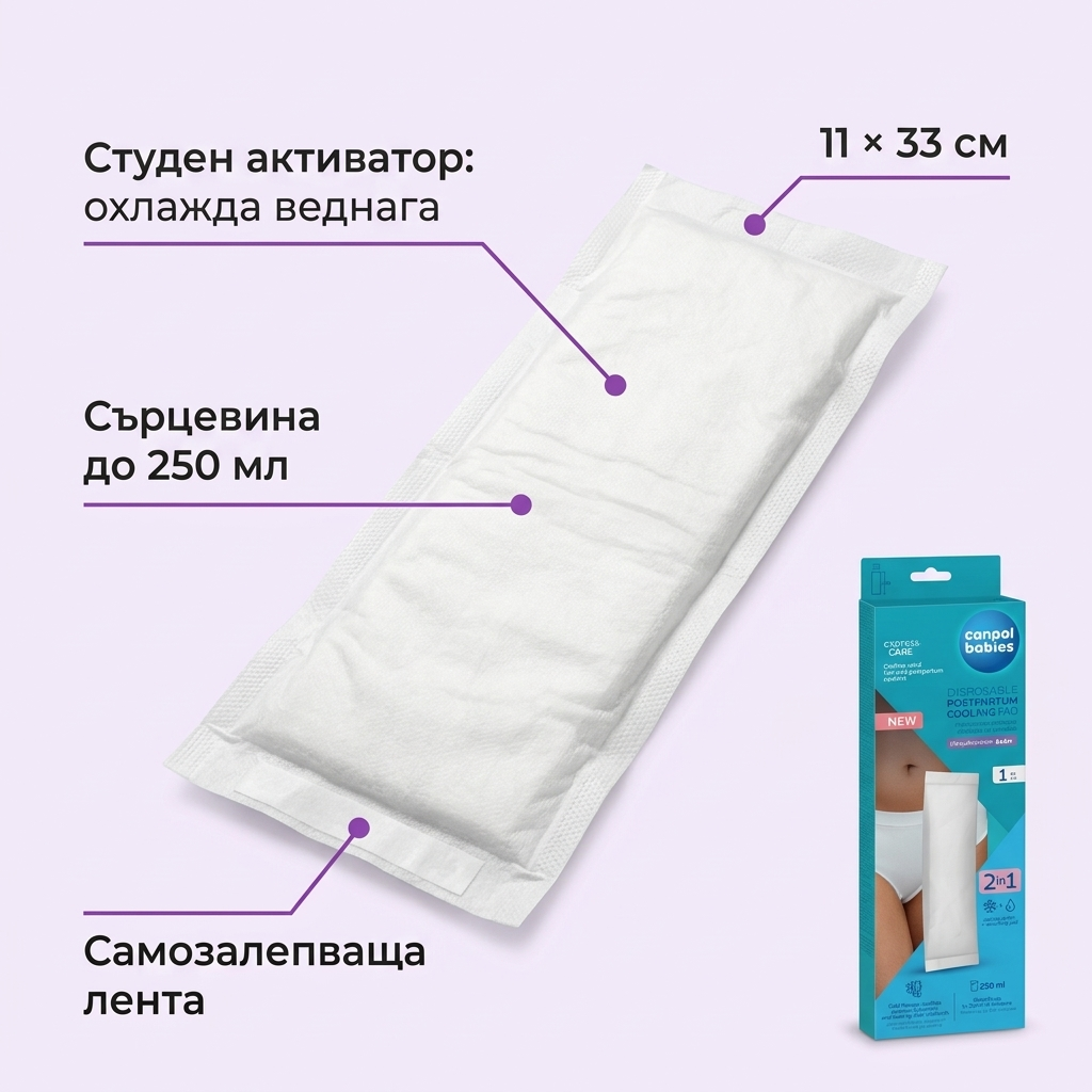 Охлаждаща превръзка Canpol babies: студен активатор, сърцевина до 250 мл, самозалепваща лента, 11 × 33 см