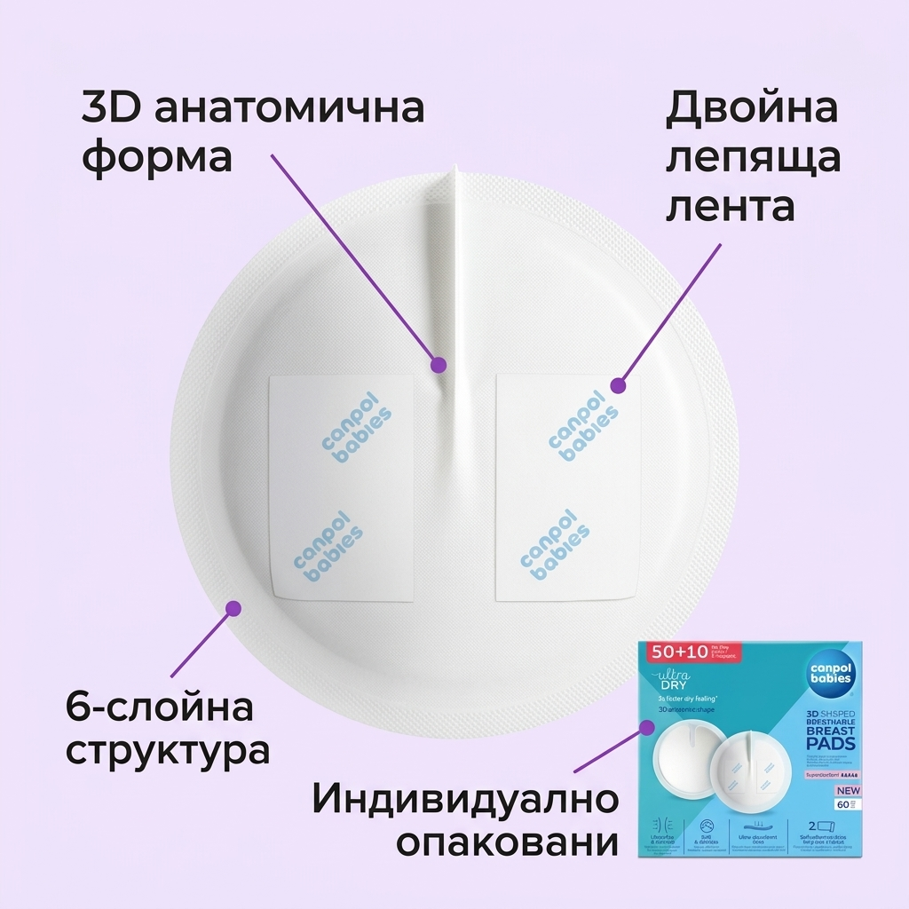 Подплънка за кърма Canpol babies: 6-слойна структура, 3D форма, индивидуална опаковка