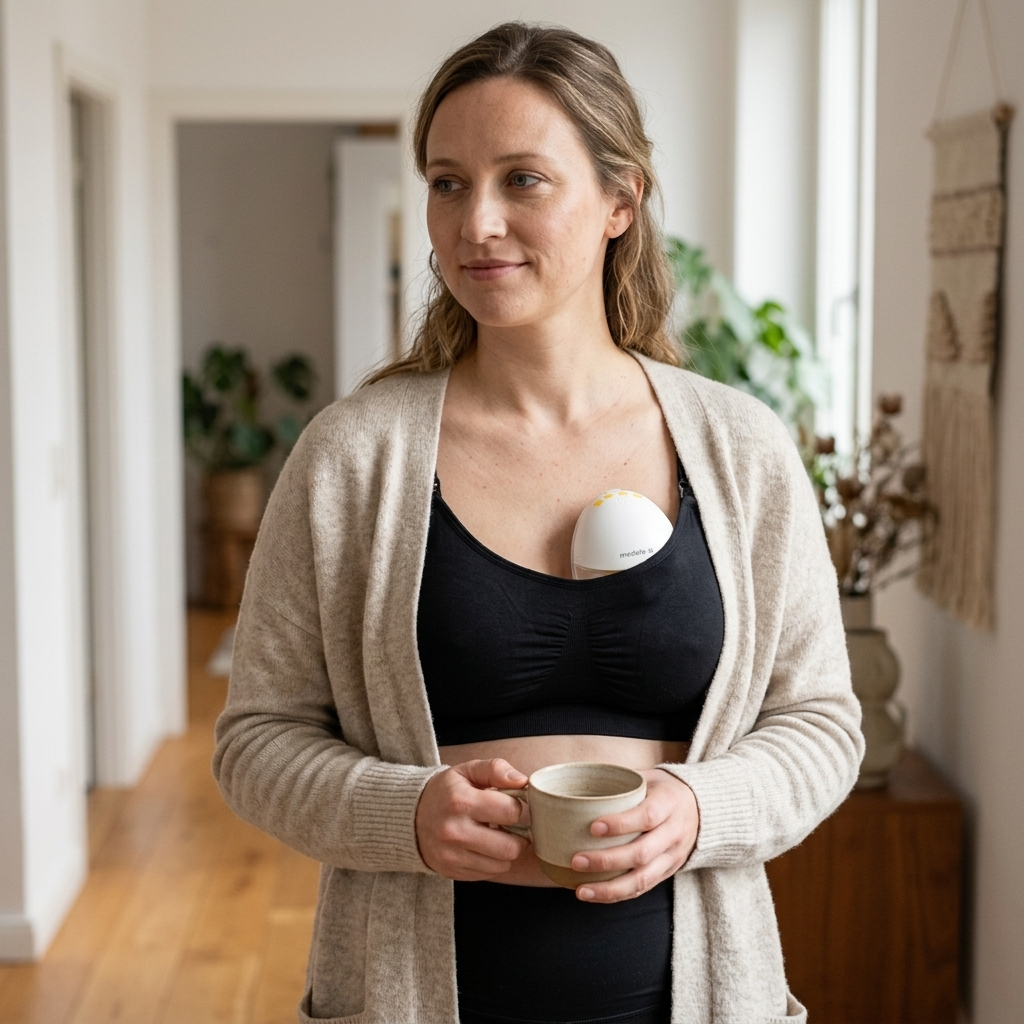 Комплект за кърмене Medela Motion InBra двойна + сутиен за кърмене в реална употреба у дома