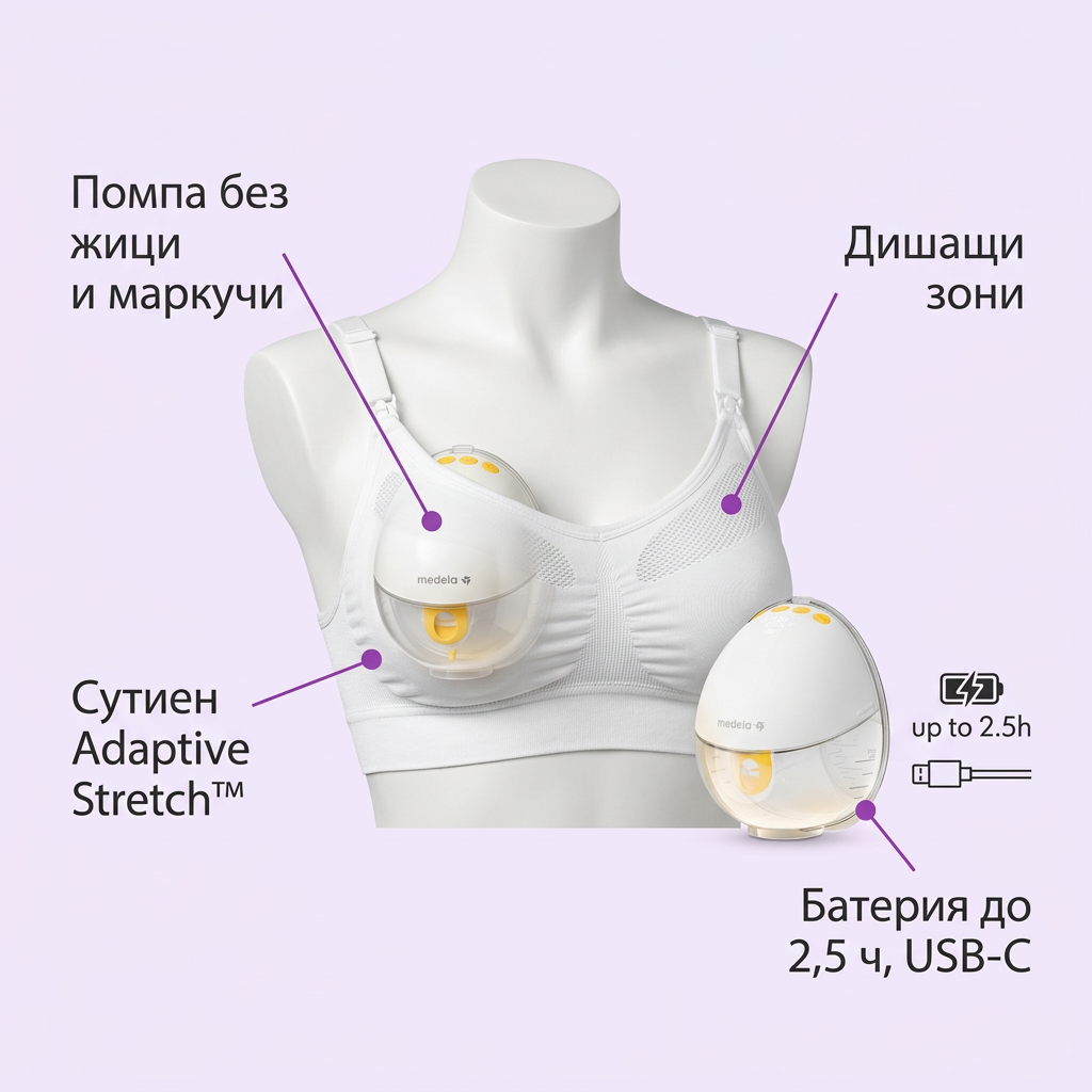 Комплект за кърмене Medela Motion InBra двойна + сутиен за кърмене – инфографика с части и функции