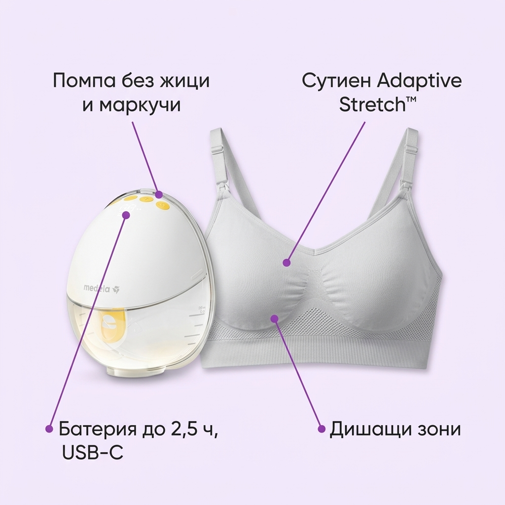 Комплект за кърмене Medela Motion InBra + сутиен за кърмене – инфографика с части и функции