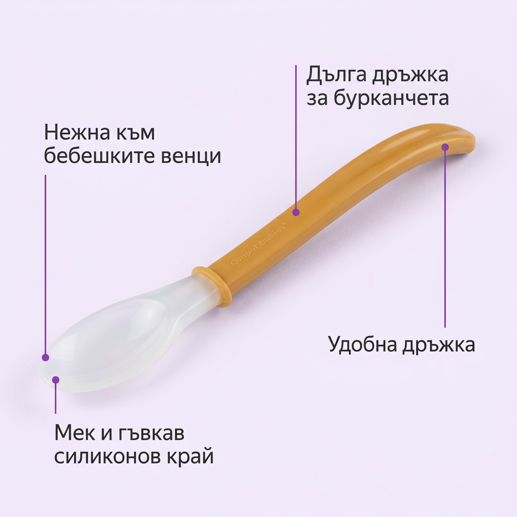 Силиконова лъжичка за хранене, Canpol babies – инфографика с обозначени части и предимства