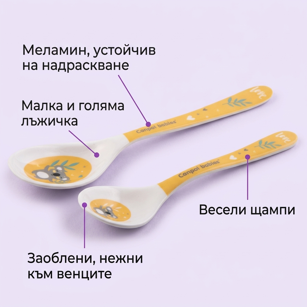 Меламинови лъжички Canpol babies, Exotic Animals, 2 бр. – инфографика с обозначени части и предимства