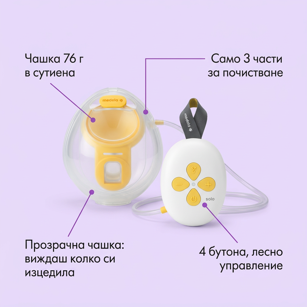 Комплект за кърмене Medela Solo Hands-free + сутиен за кърмене – инфографика с части и функции