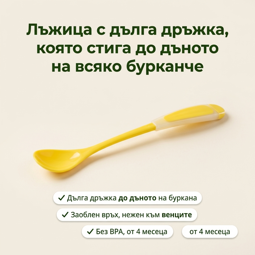 Лъжица с дълга дръжка, Canpol babies – продуктово изображение със заглавие и основни предимства