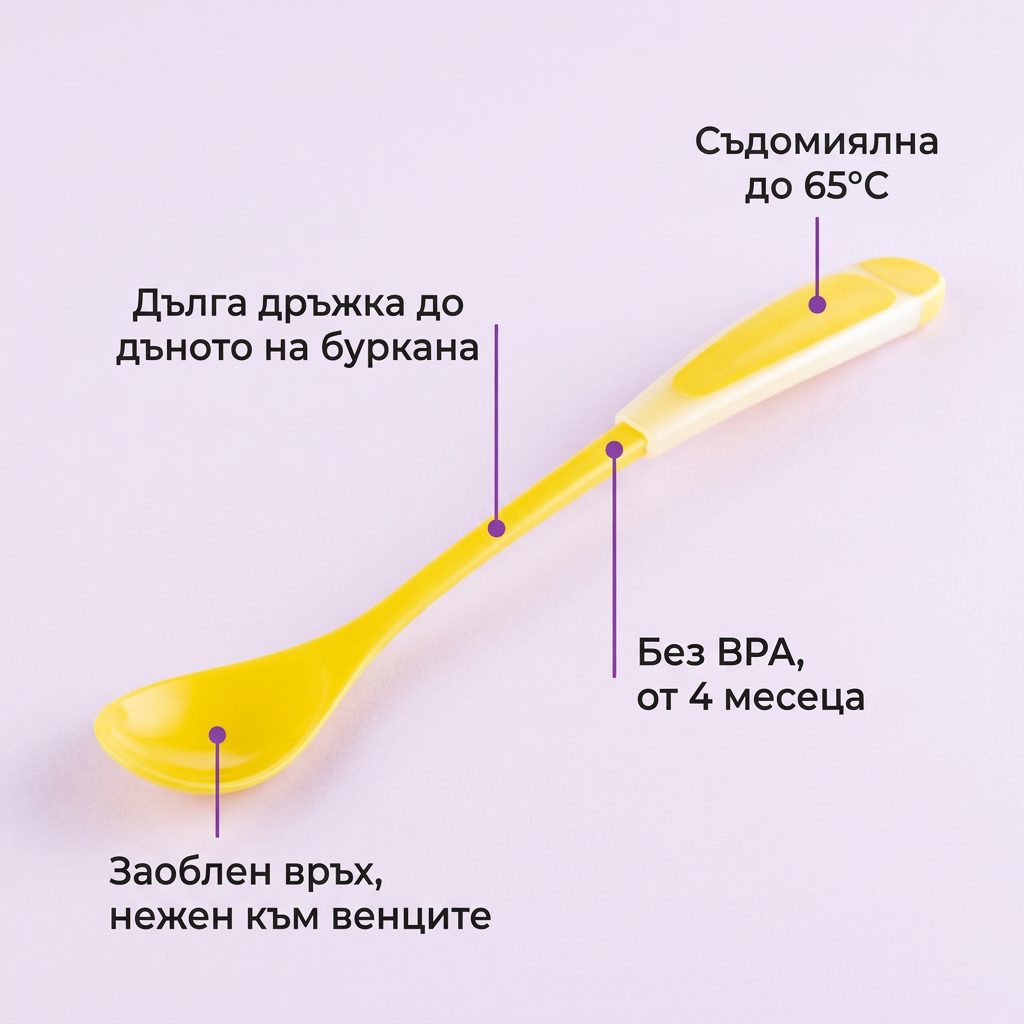 Лъжица с дълга дръжка, Canpol babies – инфографика с обозначени части и предимства