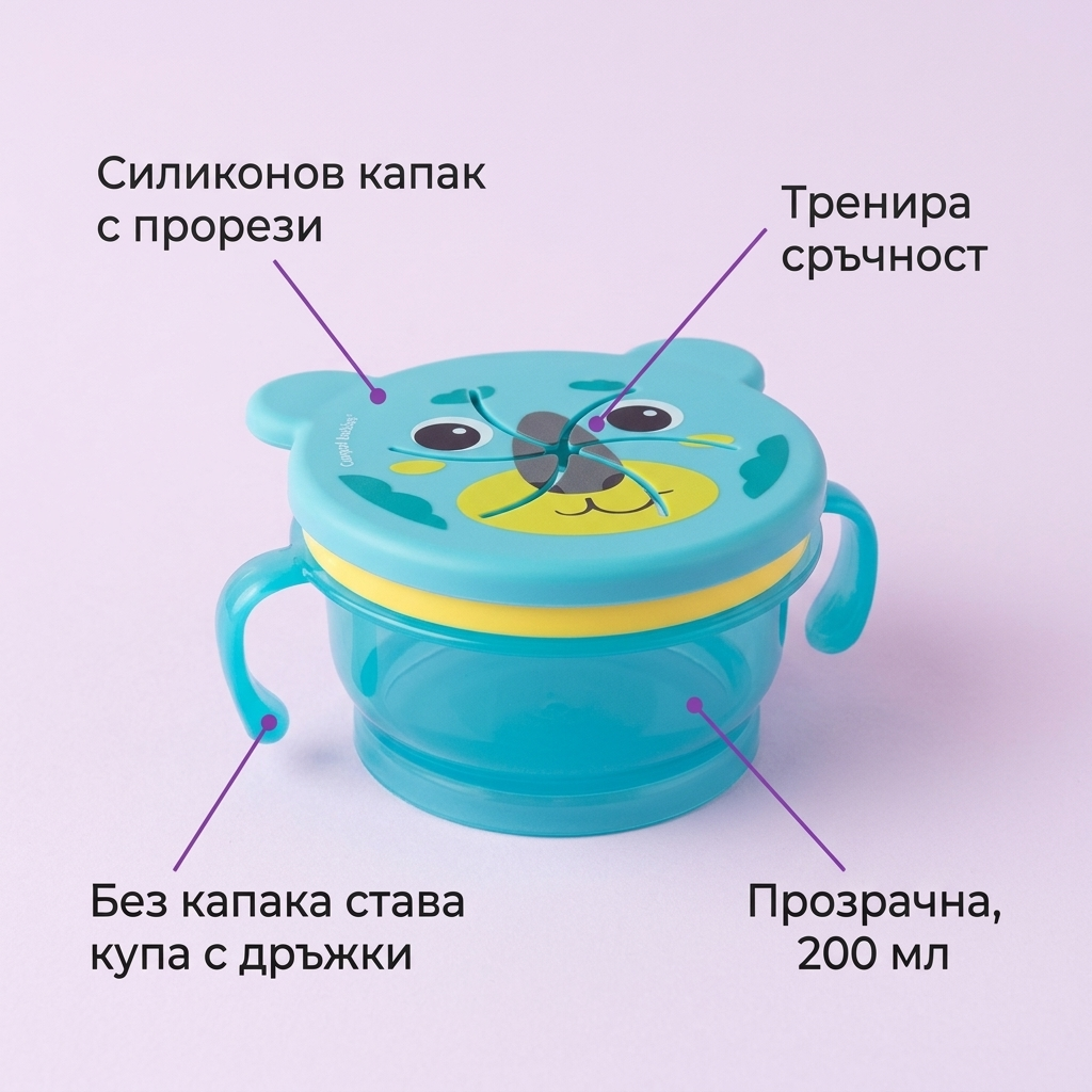 Кутия за храна Canpol babies, Hello Little – 200 мл, тюркоаз – инфографика с обозначени части и предимства