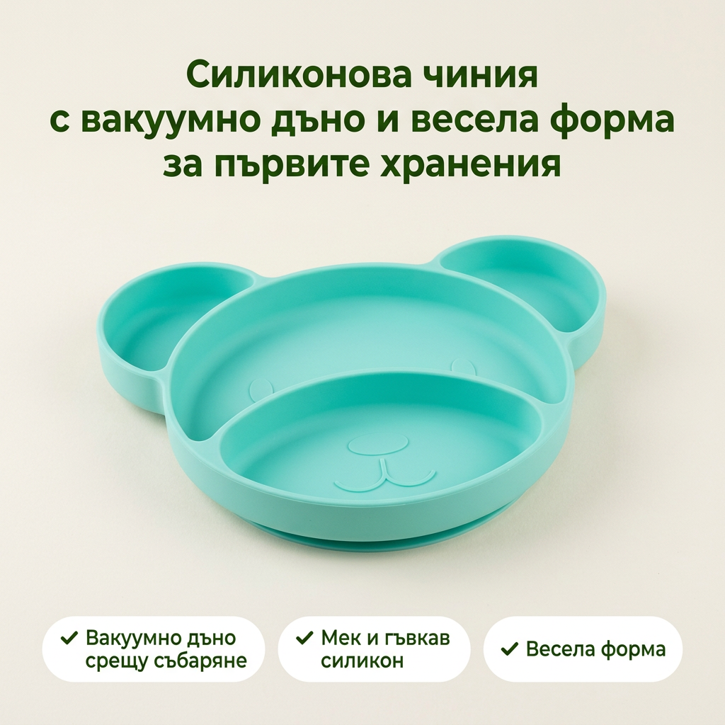 Силиконова чиния с вакуумен ринг Canpol babies – продуктово изображение със заглавие и основни предимства