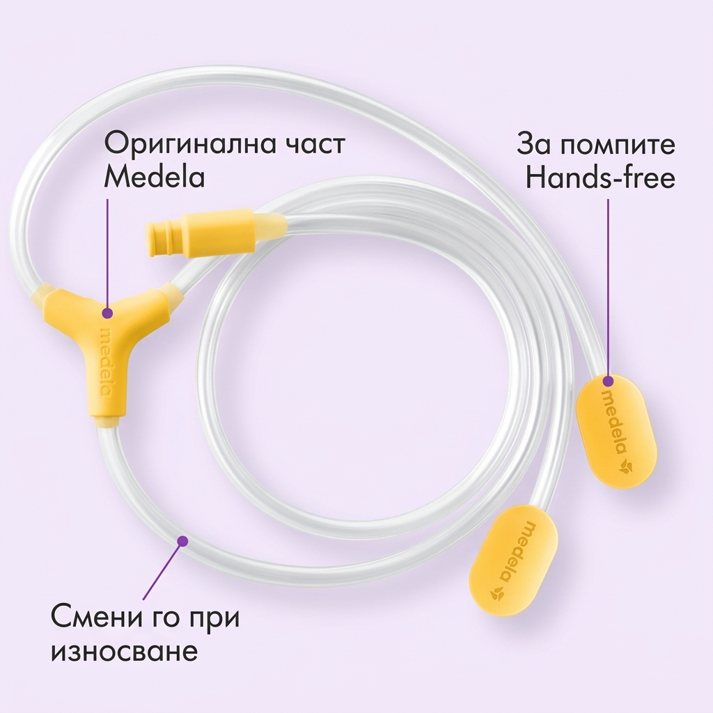 Маркуч за помпа Medela Hands-free – инфографика с части и функции