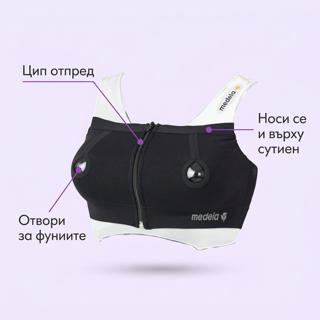 Бюстие за лесно изцеждане Medela, Easy Expression, S – инфографика с части и функции