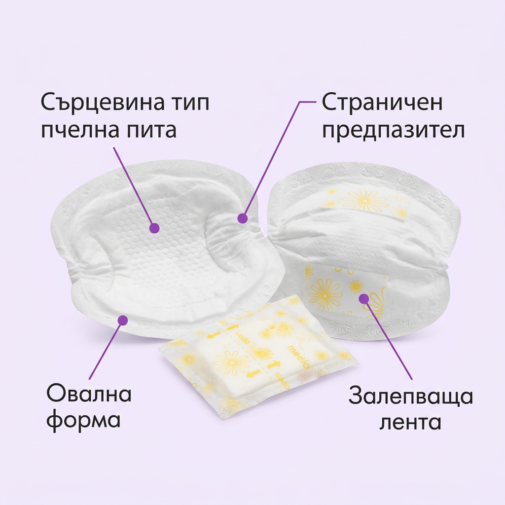 Medela – подплънки за кърма за еднократна употреба, 30 бр. – инфографика с части и функции