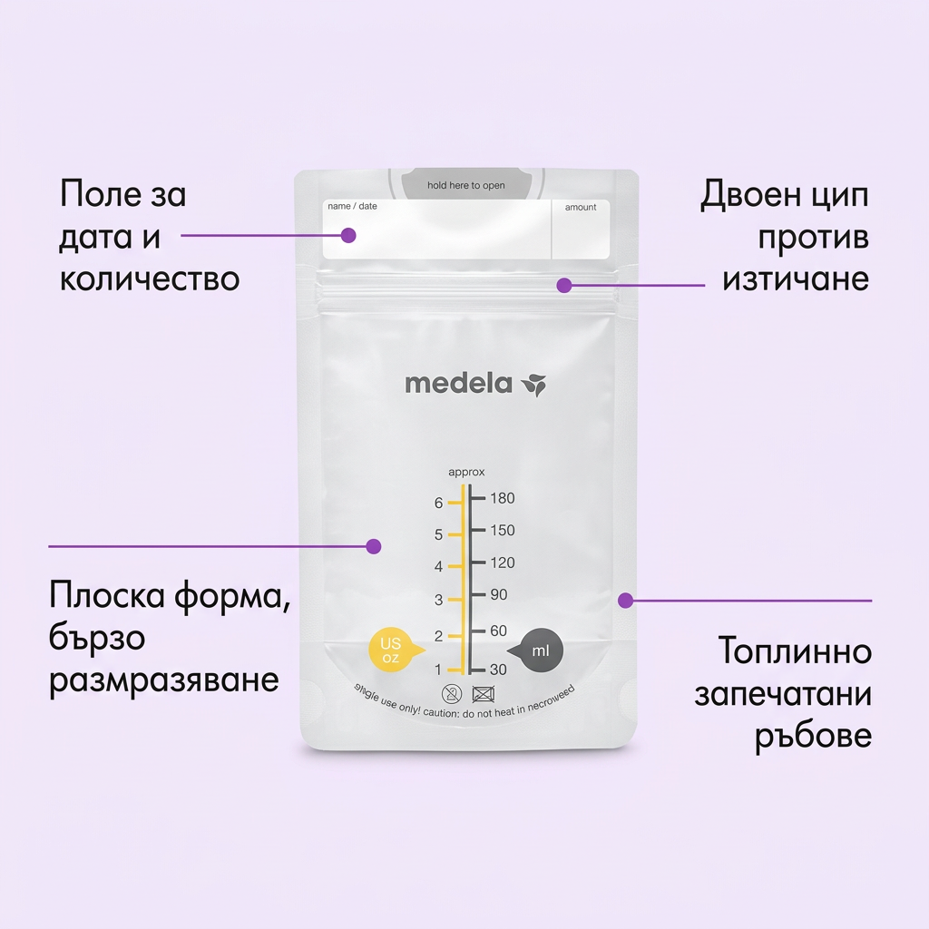 Пликчета за съхранение на кърма Medela, 50 бр. – инфографика с части и функции