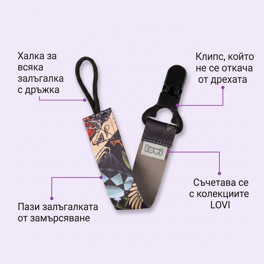 Клипс за залъгалка с лента LOVI, I Love – предимства