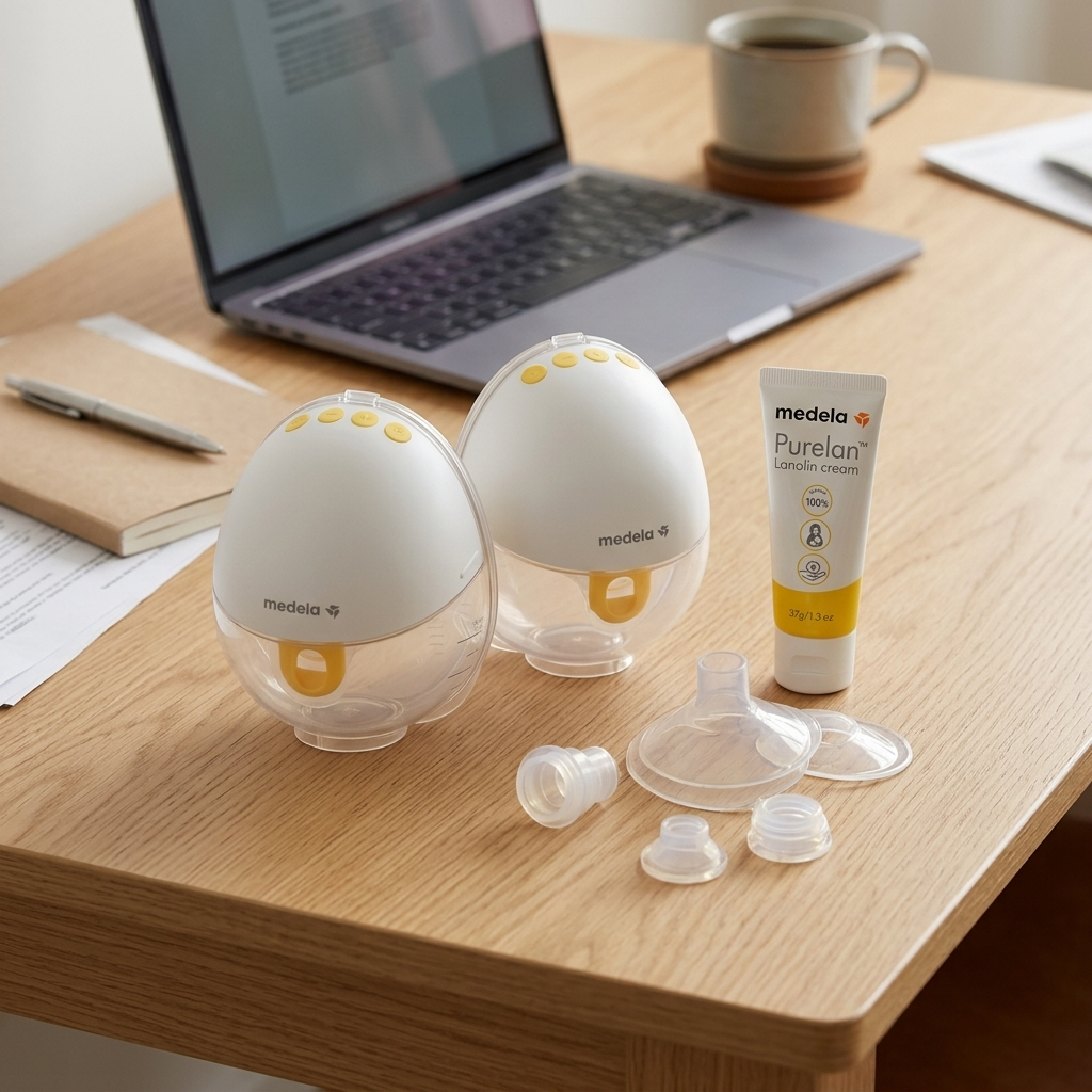 Комплект за кърмене Medela Motion InBra двойна + Purelan 37 г в домашна обстановка