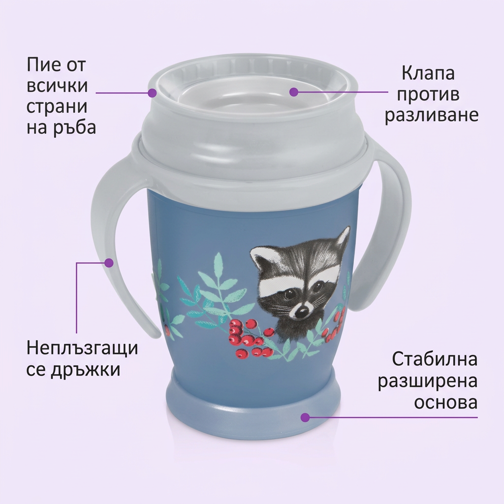 Неразливаща се чаша с дръжки 360 LOVI, Wild Soul, 250 мл, 9м+ – предимства