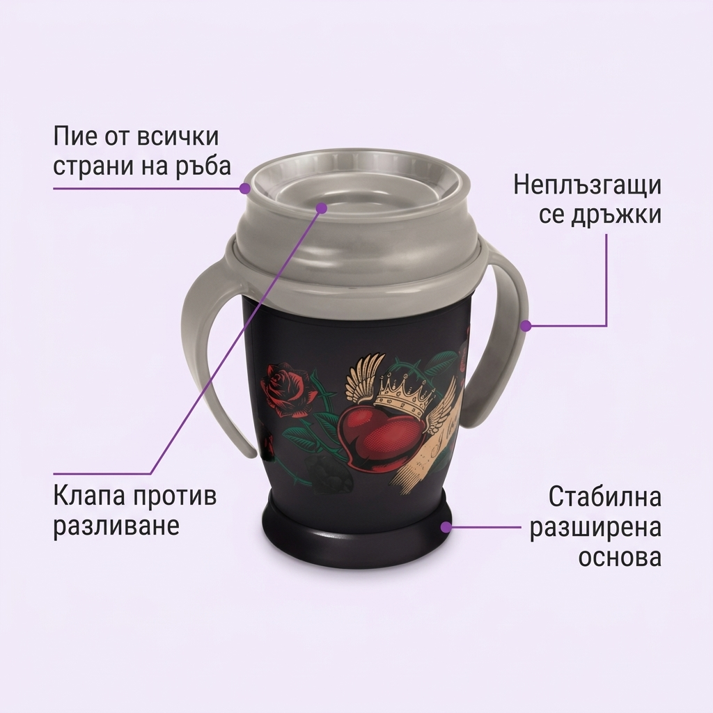Неразливаща се чаша с дръжки 360 LOVI, I Love, 250 мл, 9м+ – предимства