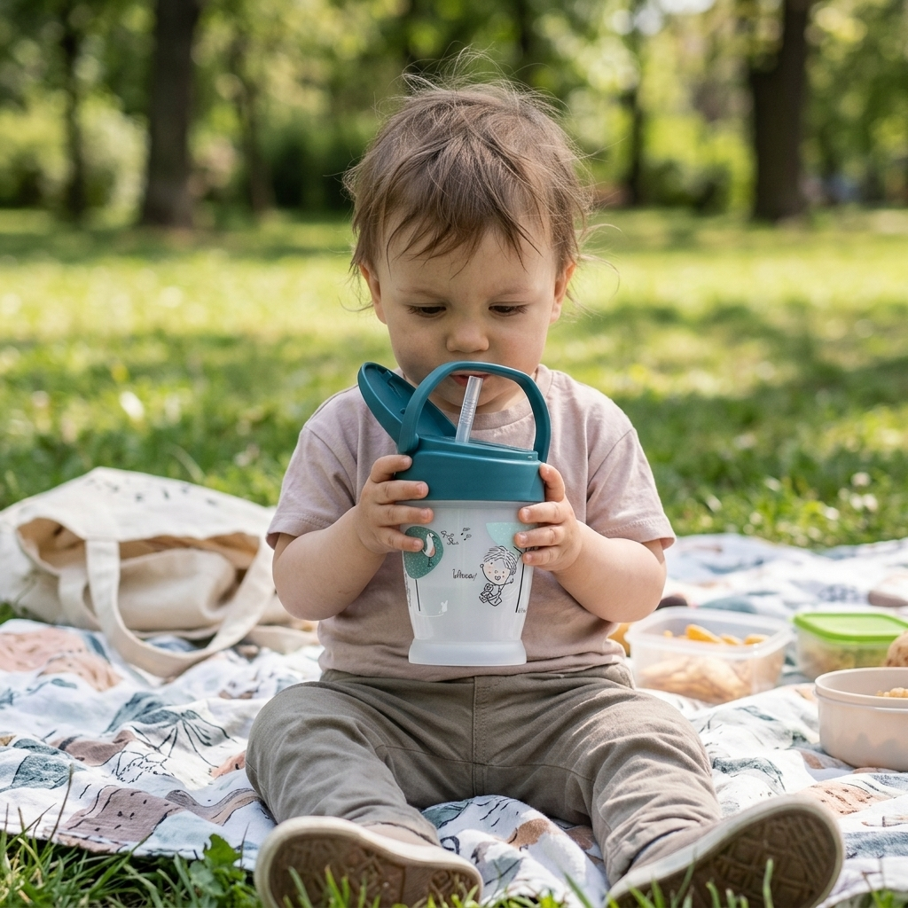 Чаша със сламка LOVI, Junior, Lovely Boy, 250ml., синя – в употреба
