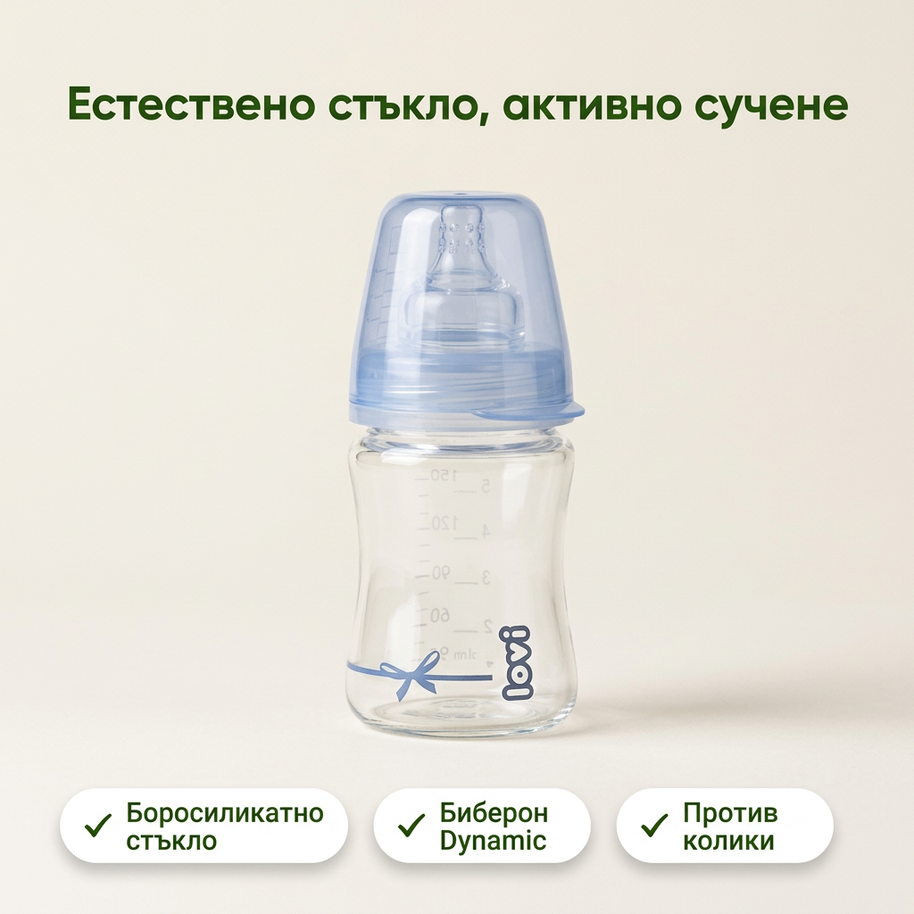 Стъклено шише LOVI, Baby Shower boy, 150 мл, синьо, 0м.+ – основна снимка