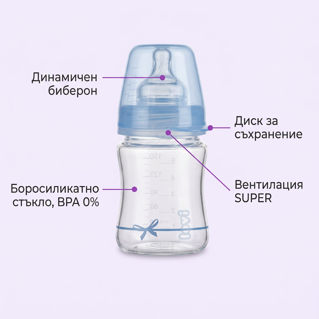 Стъклено шише LOVI, Baby Shower boy, 150 мл, синьо, 0м.+ – предимства