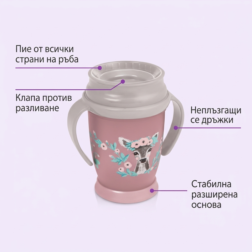 Неразливаща се чаша с дръжки 360 LOVI, Wild Soul, 250 мл, 9м+ – предимства