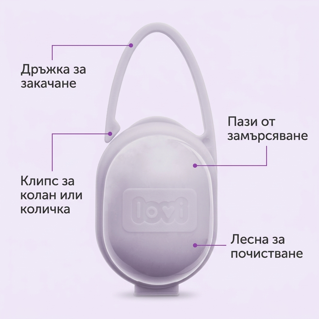Кутийка за залъгалка с дръжка и клипс за закачане LOVI – предимства