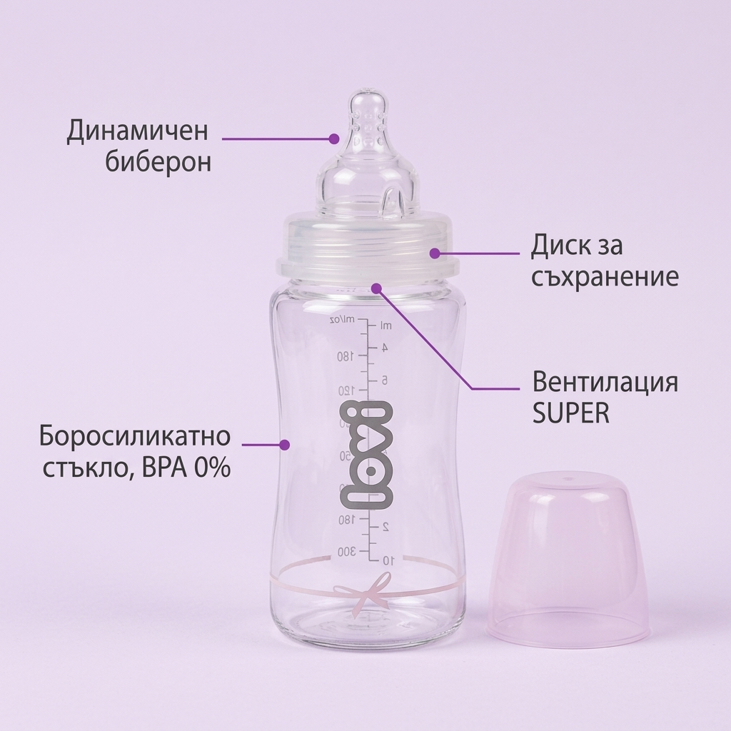Стъклено шише LOVI, 250 мл, розово, 3м.+ – предимства
