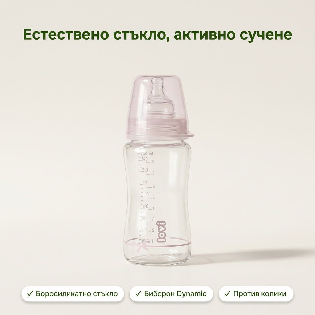 Стъклено шише LOVI, 250 мл, розово, 3м.+ – основна снимка