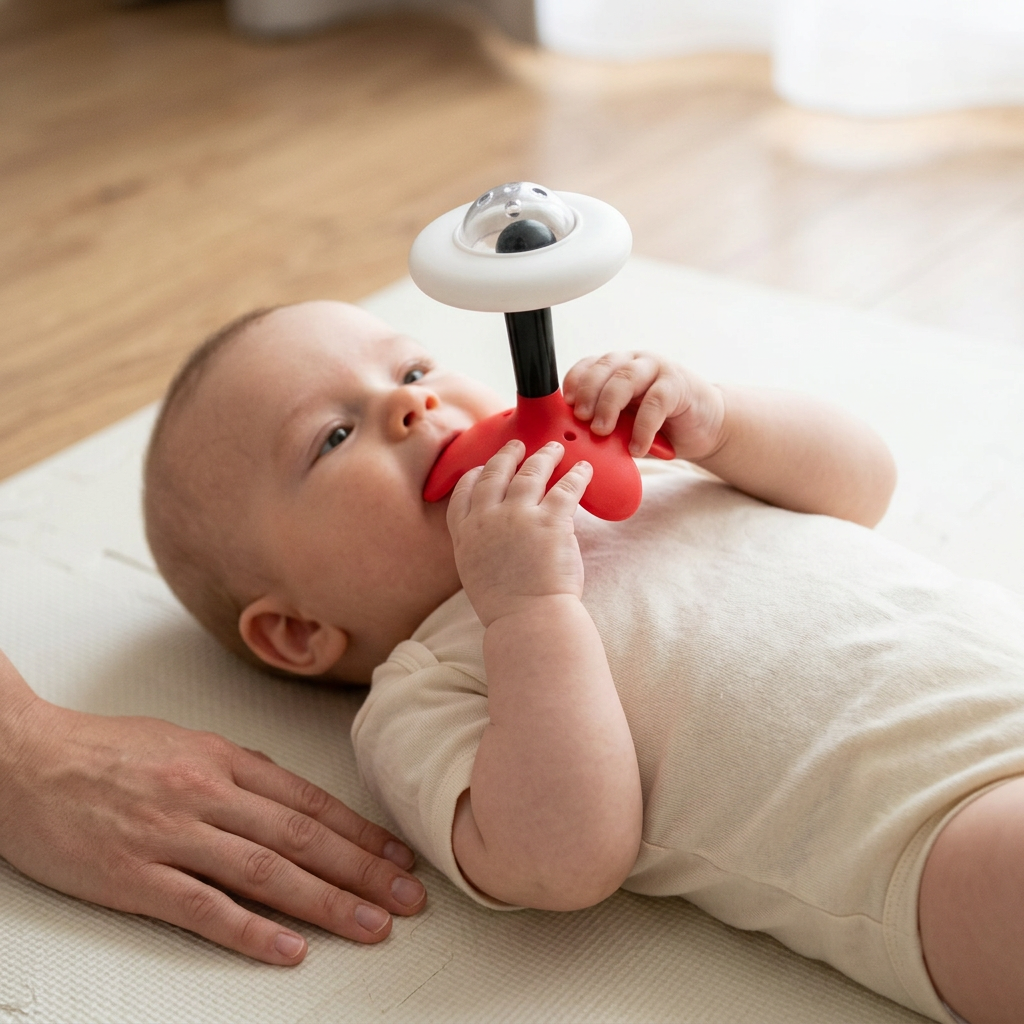Бебе държи и гризе сензорната дрънкалка с чесалка Canpol babies
