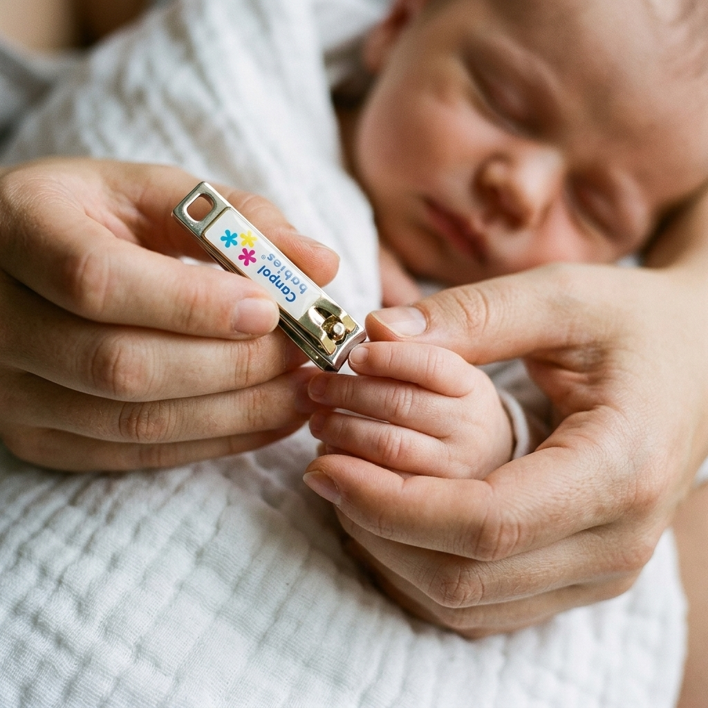 Мама подрязва ноктите на спящото бебе с нокторезачката Canpol babies