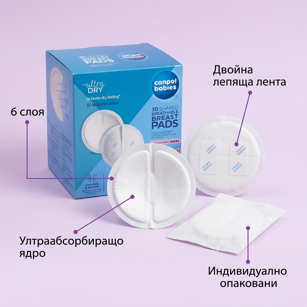 Подплънки за кърма Canpol babies: 6 слоя, двойна лепяща лента, индивидуално опаковани