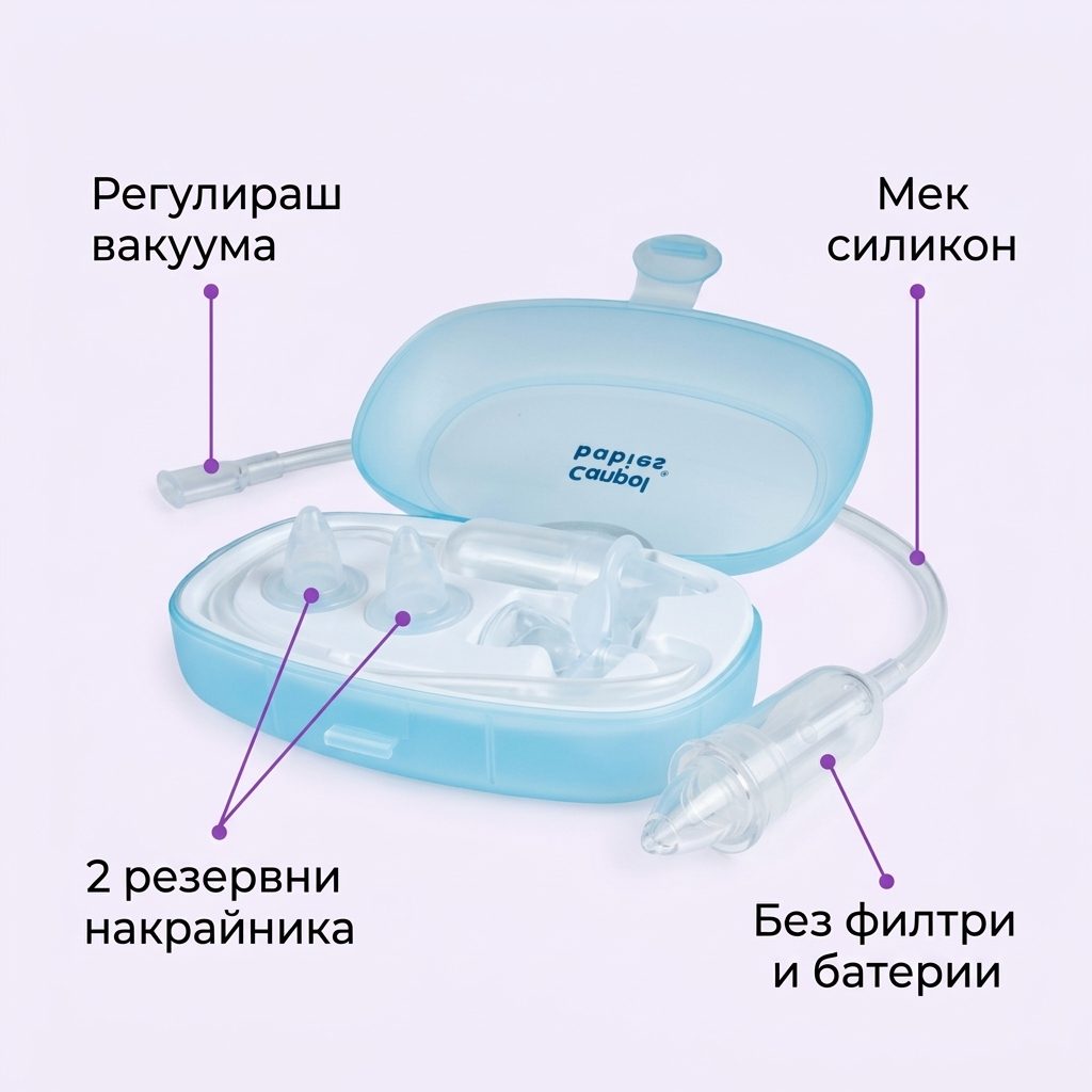 Аспиратор за нос Canpol babies: регулируем вакуум, 2 резервни накрайника, мек силикон, без батерии