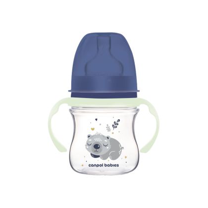 Антиколок шише с широко гърло и светещи дръжки Canpol babies EasyStart, Sleepy Koala, 120 мл., 0м+, синьо