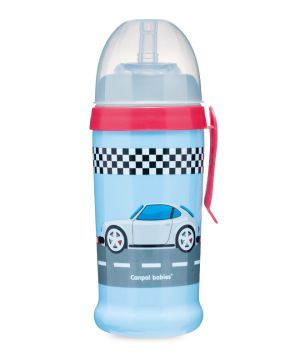 Преходна чаша със сламка Canpol babies, Racing, синя с кола, 350 мл, 12м+