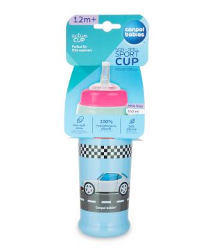 Преходна чаша със сламка Canpol babies, Racing, синя с кола, 350 мл, 12м+